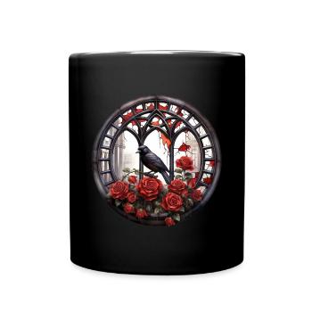 Gothic Rabe Krähe Mystisch Blumen Fenster - Tasse einfarbig - Schwarz - Vorne