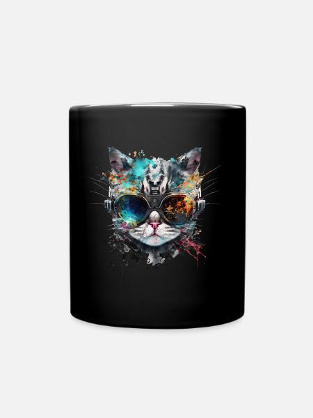 Cyberpunk Katze, Katzenkopf, Roboter, Cyborg - Tasse einfarbig - Schwarz