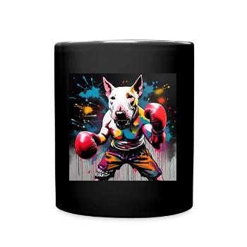 Bull Terrier anglais en tant que boxeur dans une position de boxe - Mug uni - noir - Devant