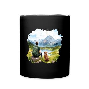 Man with Dog Hiking Outdoor Mountains Lake - Full Colour Mug - black - Front