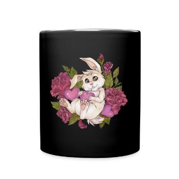 Niedlicher Hase Kaninchen mit Rosen Liebe Herz - Tasse einfarbig - Schwarz - Vorne