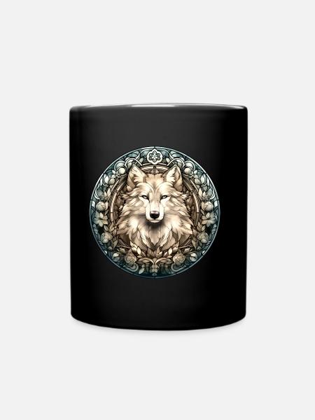 Weißer Wolf, Blumen, Bleiglas Style, Tiere, Hund - Tasse einfarbig - Schwarz