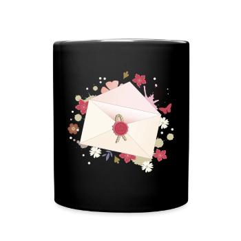 floraler Briefumschlag mit Blüten und Siegel - Tasse einfarbig - Schwarz - Vorne