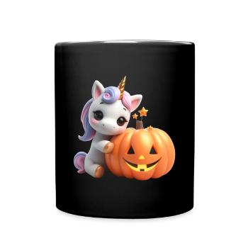 cute unicorn leaning on pumpkin halloween - Full Colour Mug - black - Front