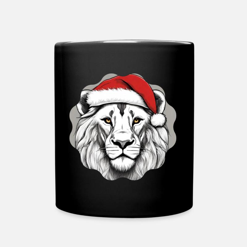 White lion with Christmas winter hat - Full Colour Mug - black
