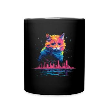 New York City, Cat, Meow, City, Skyline, America, USA - Full Colour Mug - black - Front