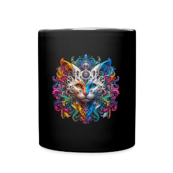 Katze Kopf mystisch, bunt und fröhlich - Tasse einfarbig - Schwarz - Vorne