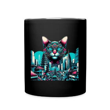 CAT Colourful, cat Looking Over A City - Tasse einfarbig - Schwarz - Vorne