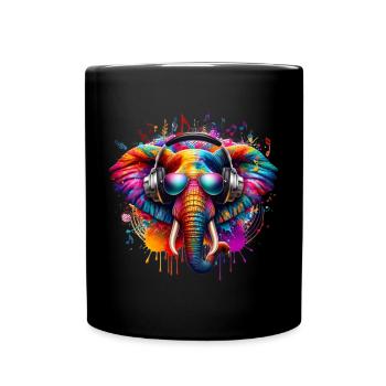Bunter Elefant mit Kopfhörern - Tasse einfarbig - Schwarz - Vorne