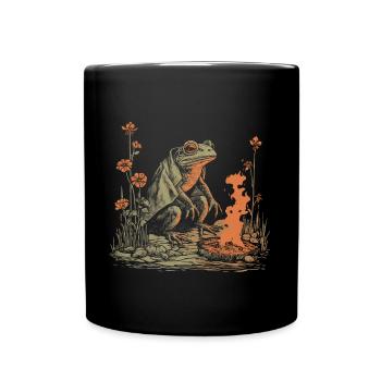 Cottagecore Frog Near Campfire Camping Design - Full Colour Mug - black - Front