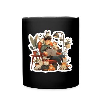 Cat love cat owners in the evening home office - Full Colour Mug - black - Front