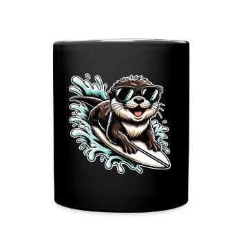 Funny surfing otter with sunglasses - Full Colour Mug - black - Front