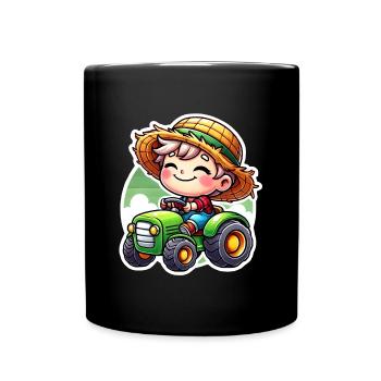 Little straw hat boy driving green tractor - Full Colour Mug - black - Front