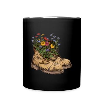 Stiefel mit Blumen Reise Wanderung - Tasse einfarbig - Schwarz - Vorne
