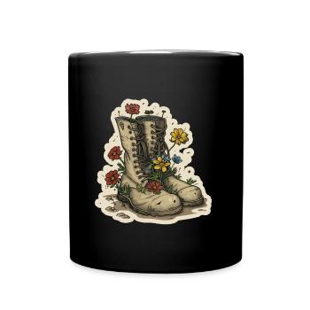 Stiefel mit Blumen Reise Wanderung - Tasse einfarbig - Schwarz - Vorne