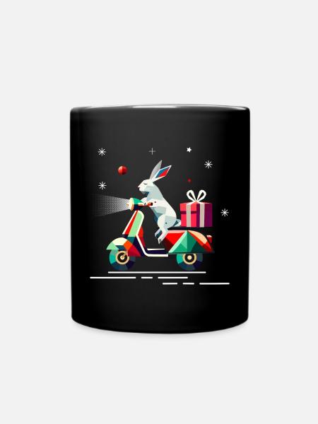 Hase auf einem Roller,mit Geschenk für Weihnachten - Tasse einfarbig - Schwarz