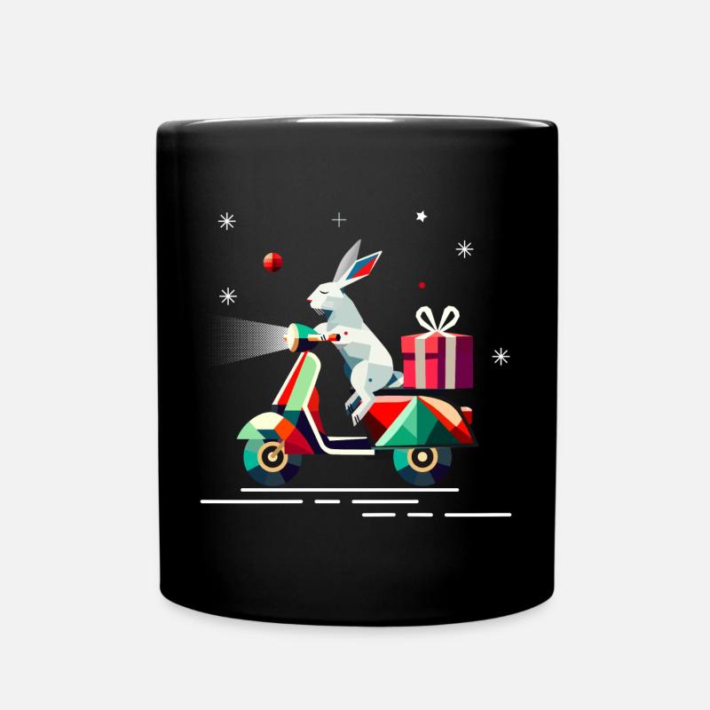 Hase auf einem Roller,mit Geschenk für Weihnachten - Tasse einfarbig - Schwarz