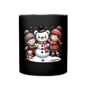 Winterspaß: Kinder bauen einen Teddy-Schneemann - Tasse einfarbig - Schwarz - Vorne