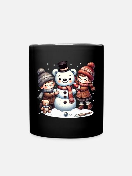 Winterspaß: Kinder bauen einen Teddy-Schneemann - Tasse einfarbig - Schwarz