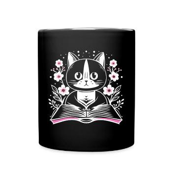 Lesende süße Katze mit Buch und Blumen - Tasse einfarbig - Schwarz - Vorne
