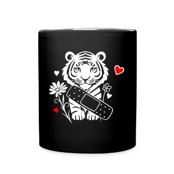 Tiger with plasters and flowers - Get well soon - Full Colour Mug - black - Front
