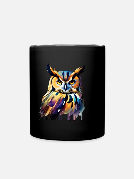 Owl in Auarel Watercolor - Full Colour Mug - black