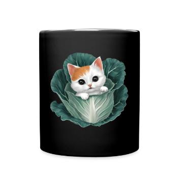 Chaton jetant un coup d’œil à partir d’une feuille de chou - Mug uni - noir - Devant