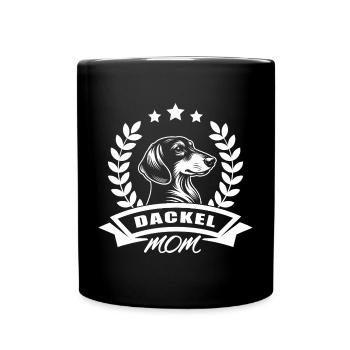 "Dachshund Mom" design with banner and wreath of wheat - Full Colour Mug - black - Front