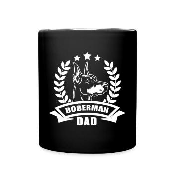"Doberman Dad" mit Banner und Ährenkranz - Tasse einfarbig - Schwarz - Vorne