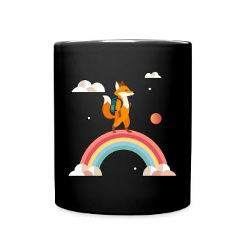 Fröhlicher Fuchs mit Rucksack auf Regenbogen - Tasse einfarbig - Schwarz - Vorne