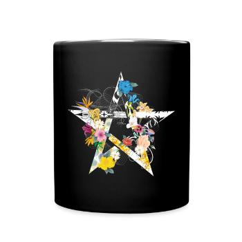 Pentagramm mit Blumen – kunstvoll & farbenfroh - Tasse einfarbig - Schwarz - Vorne