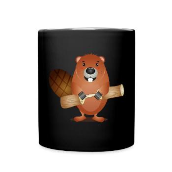 Cute rodent beaver with nibbled wood - Full Colour Mug - black - Front