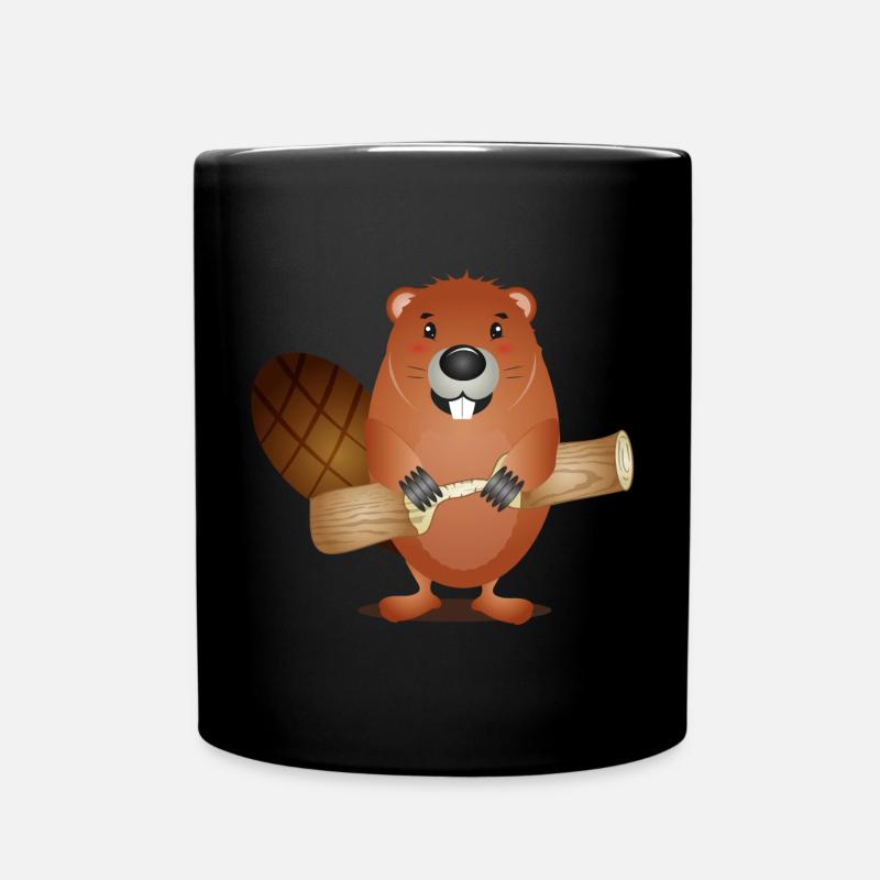 Cute rodent beaver with nibbled wood - Full Colour Mug - black