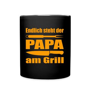Endlich steht Papa am Grill Papa ist Grillmeister - Tasse einfarbig - Schwarz - Vorne