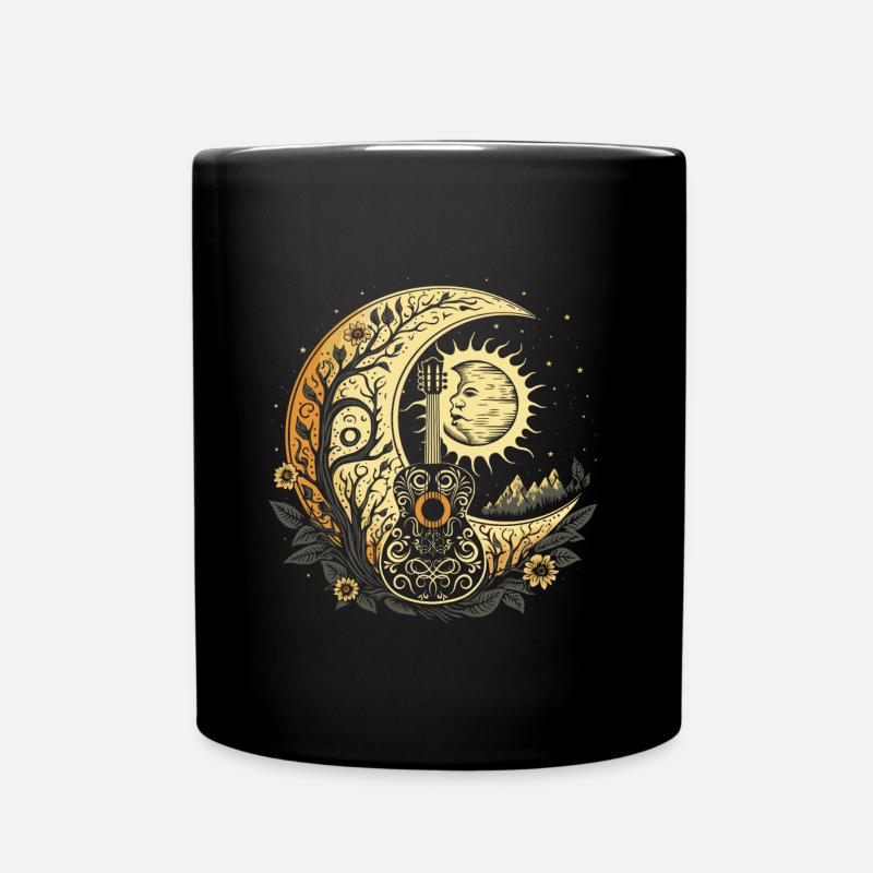 Cottagecore Akustikgitarre mit Mond, Sonne, Sterne - Tasse einfarbig - Schwarz