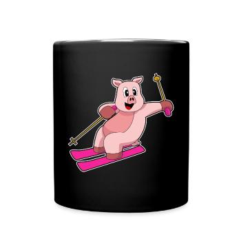Schwein Skifahrer Ski - Tasse einfarbig - Schwarz - Vorne