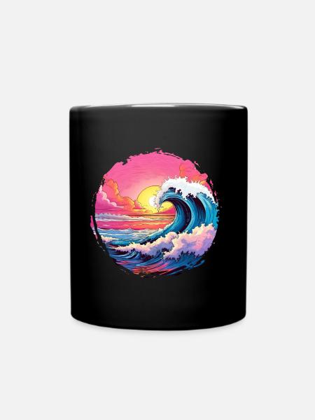Meer, Welle, Sonnenuntergang, Sonne, Strand Sommer - Tasse einfarbig - Schwarz