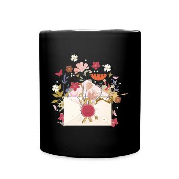 floraler Briefumschlag mit Blüten und Siegel - Tasse einfarbig - Schwarz - Vorne