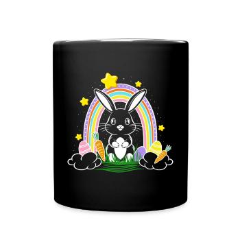 Osterhase Hase mit Regenbogen und Ostereier - Tasse einfarbig - Schwarz - Vorne