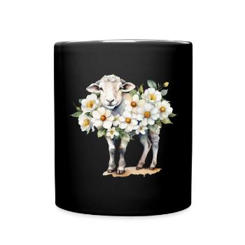 Blütenbedecktes Schaf in Aquarell - Tasse einfarbig - Schwarz - Vorne