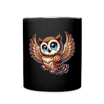 Süße Eule mit blauen Augen und Engelsflügeln - Tasse einfarbig - Schwarz - Vorne