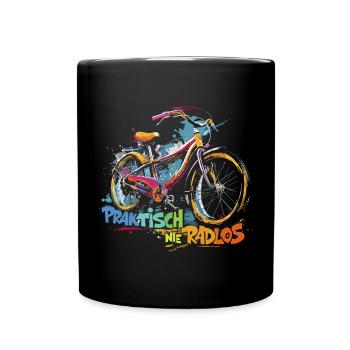 Buntes Fahrrad mit Spritz-Design - Tasse einfarbig - Schwarz - Vorne