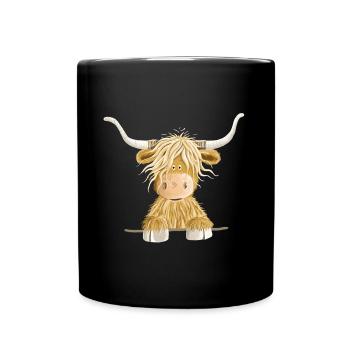 Lustiges Schottisches Hochlandrind Kuh Geschenk - Tasse einfarbig - Schwarz - Vorne