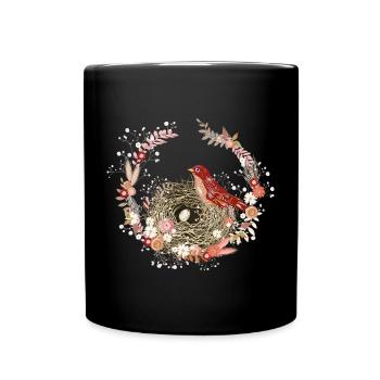 Dried Flower Wreath with Bird's Nest and Bird Motif - Full Colour Mug - black - Front