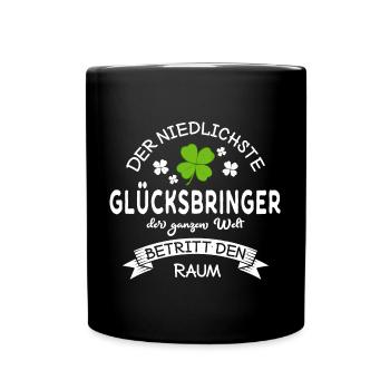 Glücksbringer betritt den Raum Kleeblatt Spruch - Tasse einfarbig - Schwarz - Vorne