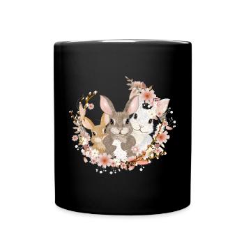 Cute bunnies family - united in a wreath of flowers - Full Colour Mug - black - Front