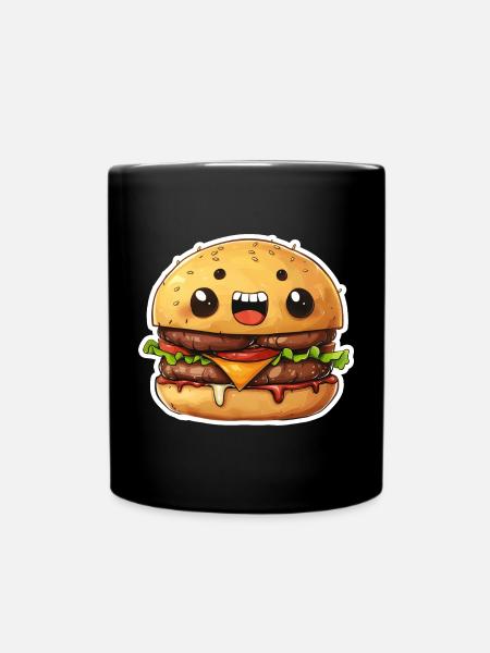 Cute Kawaii Burger – Laughing Cartoon Design - Full Colour Mug - black