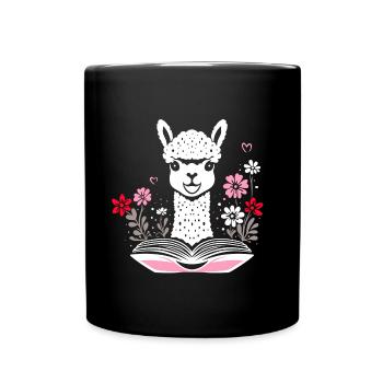 Alpaka mit Buch und Blumen Bücher lesen - Tasse einfarbig - Schwarz - Vorne