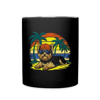 Cool Yorkie Yorkshire Terrier Under Palm Trees - Full Colour Mug - black - Front