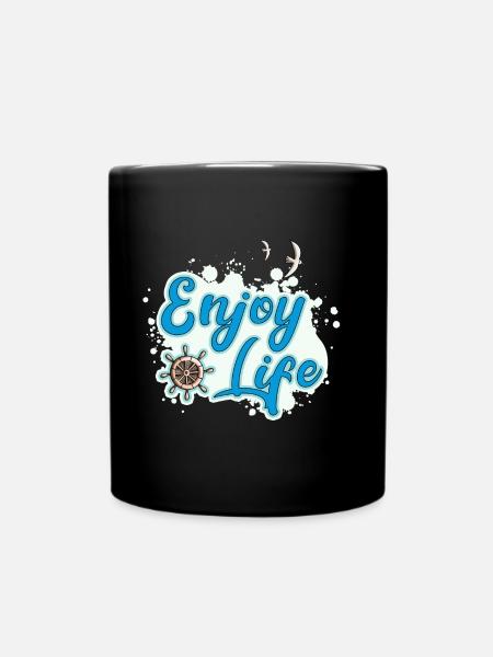 Enjoy Life - maritimer Style mit Möwe und Ruder - Tasse einfarbig - Schwarz